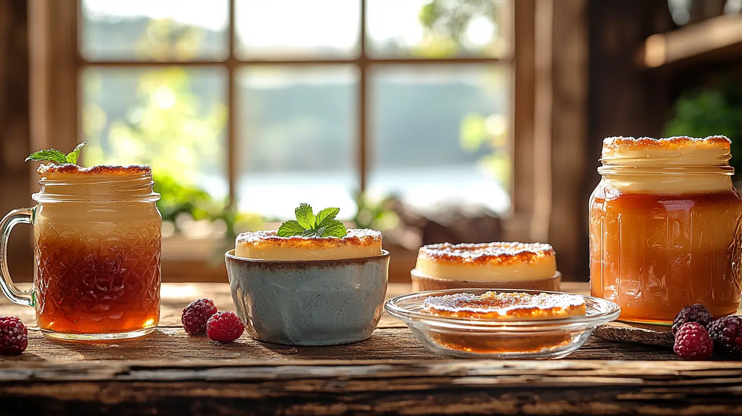 Crème brûlée served in a teacup, mason jar, and shallow glass dish, with caramelized sugar tops and garnished with mint and berries.