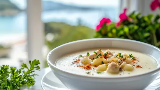 A thick and creamy potato soup garnished with sour cream and chives in a rustic bowl.