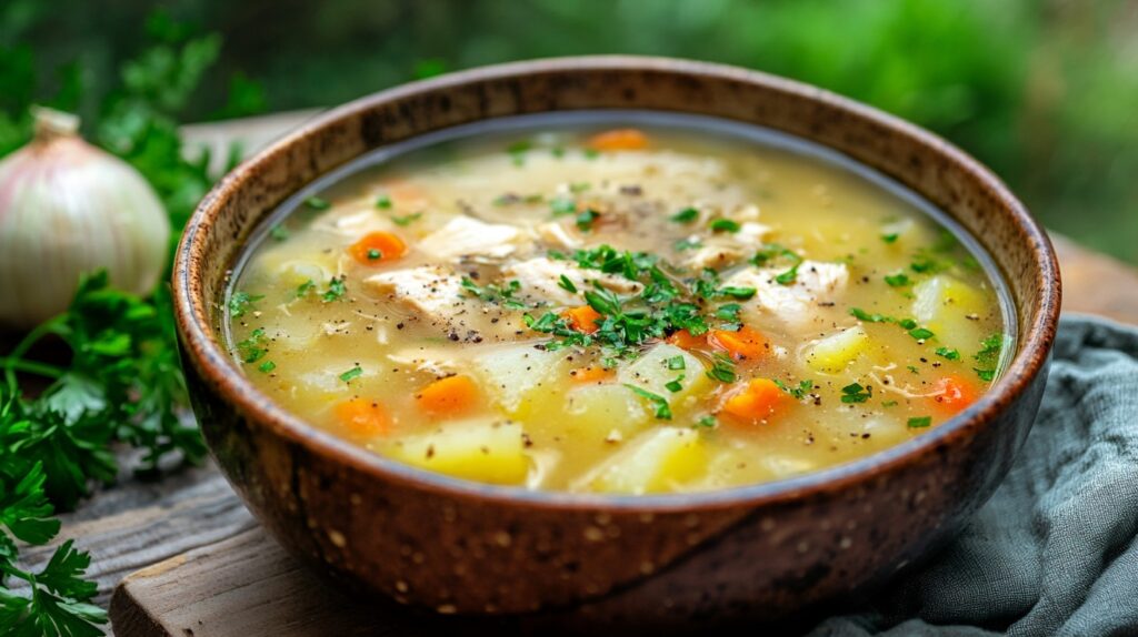 A steaming bowl of creamy chicken potato soup garnished with fresh parsley, served on a rustic wooden table.