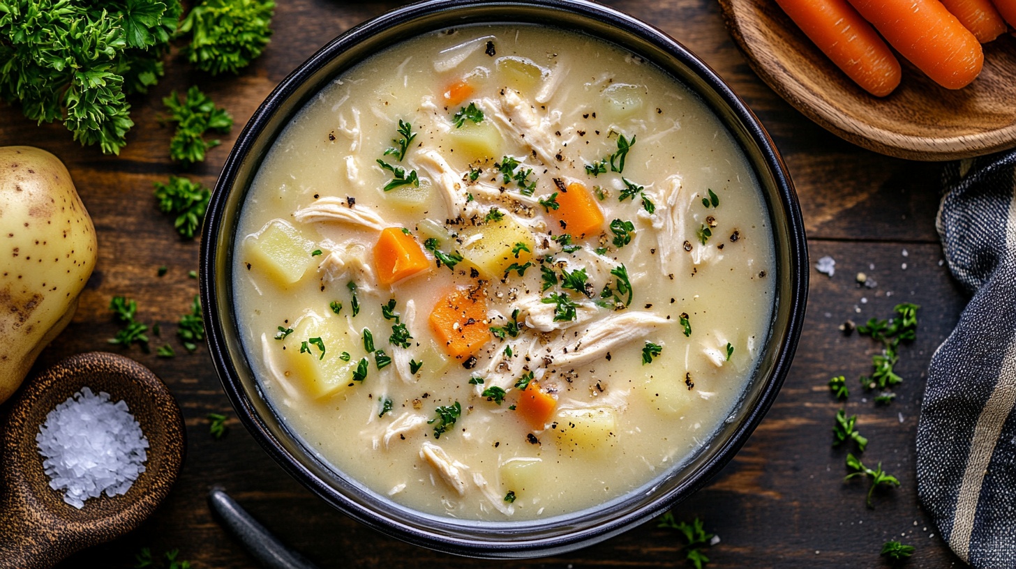 A steaming bowl of creamy chicken potato soup garnished with fresh parsley, served on a rustic wooden table.