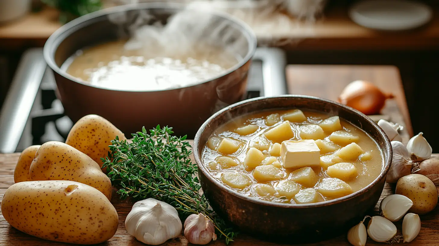 A pot of creamy potato soup simmering in a cozy kitchen with fresh ingredients on a cutting board.