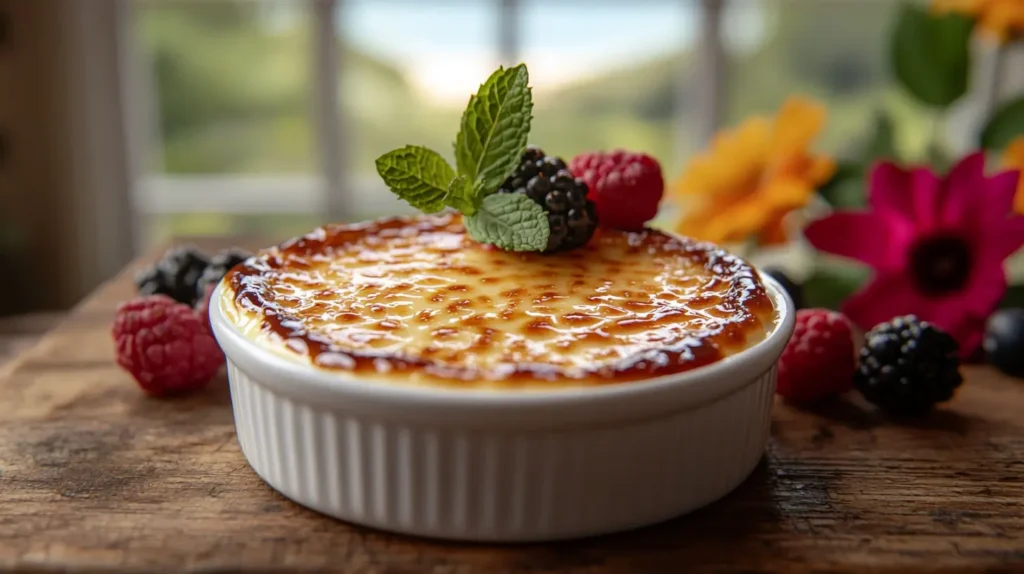 A close-up of a caramelized crème brûlée in a white ramekin, topped with mint and berries