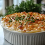 A gourmet crab brulee with a caramelized sugar crust and fresh crab meat, garnished with chives.