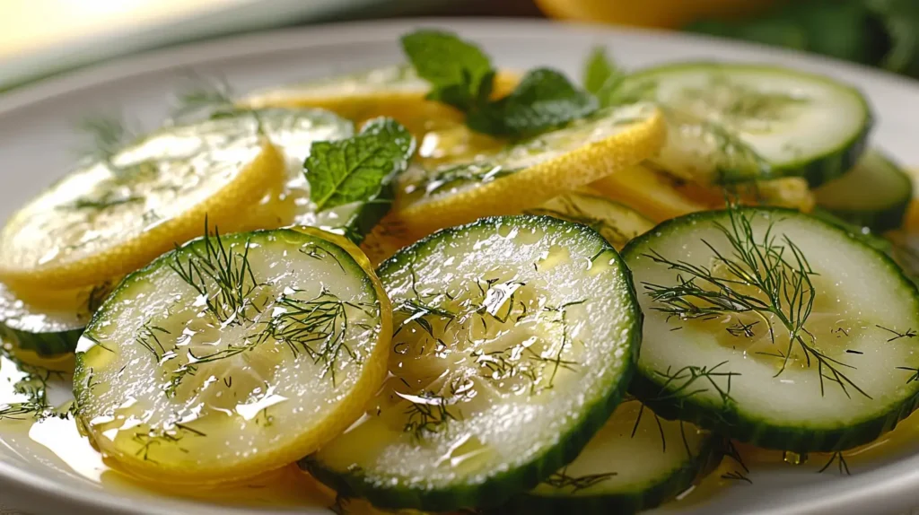 lose-up of a lemon cucumber with its vibrant yellow skin, showcasing water droplets and the cucumber's crisp interior.