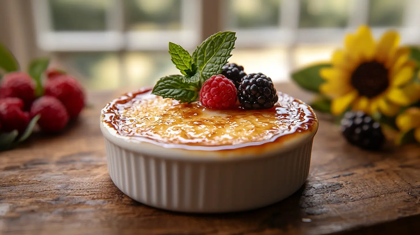 A close-up of a caramelized crème brûlée in a white ramekin, topped with mint and berries.