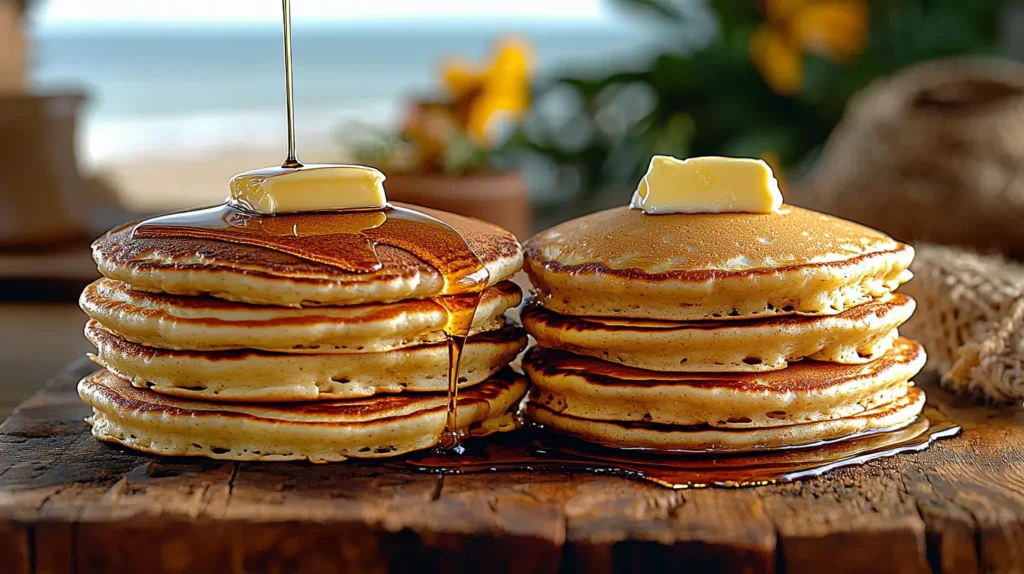 Two stacks of pancakes, one made with milk and the other with water, showcasing the difference in texture and color