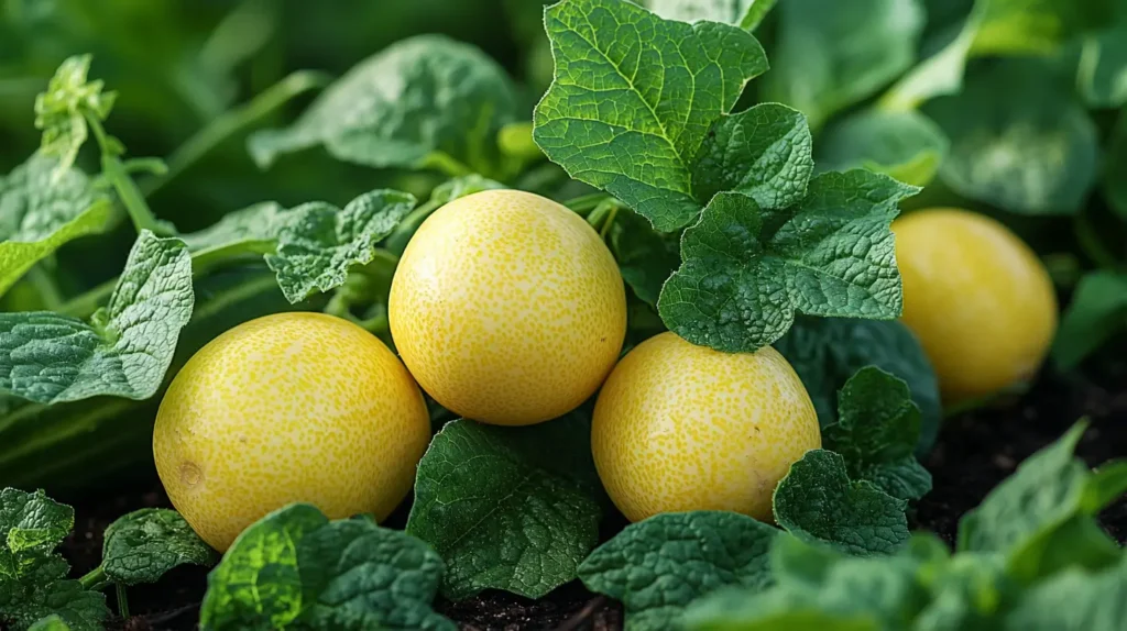 Fully grown lemon cucumbers, bright yellow and round, nestled among green leaves in a garden.