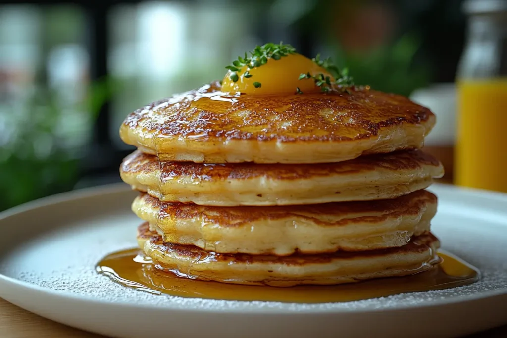 Essential pancake ingredients including flour, sugar, milk, egg, butter, baking powder, and vanilla extract on a kitchen counter.