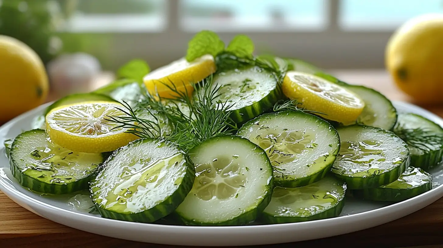 A vibrant lemon cucumber salad with fresh herbs on a white plate.