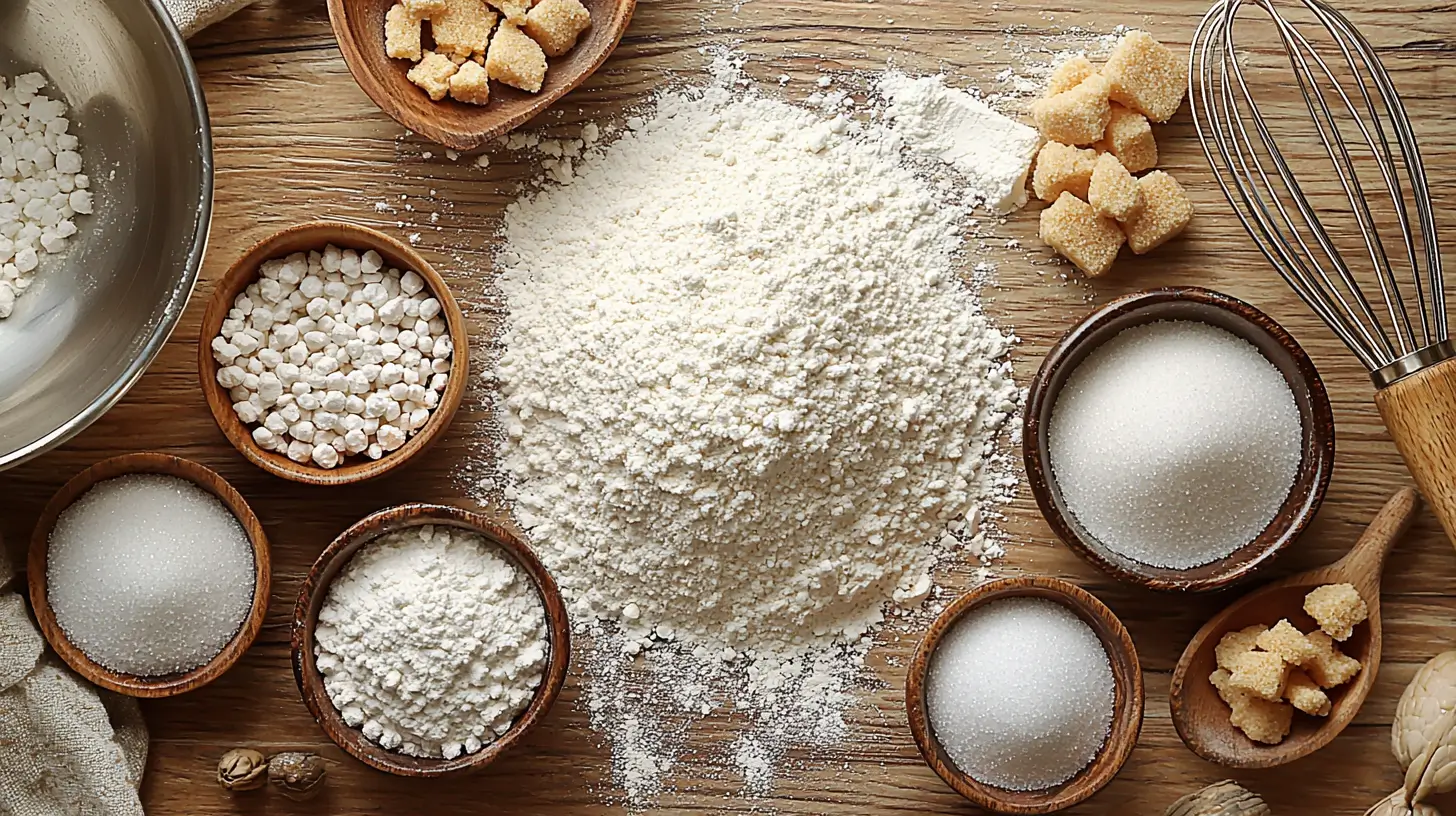 Ingredients for homemade pancake mix, including flour, sugar, baking powder, baking soda, and salt on a kitchen counter.