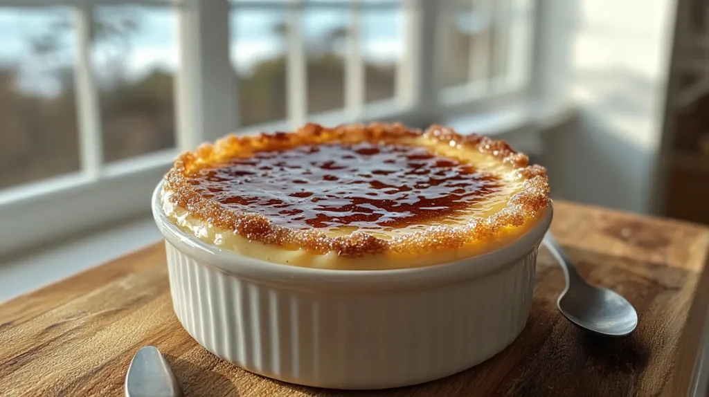 A close-up of a perfectly caramelized crème brûlée with a golden-brown sugar crust in a white ramekin.