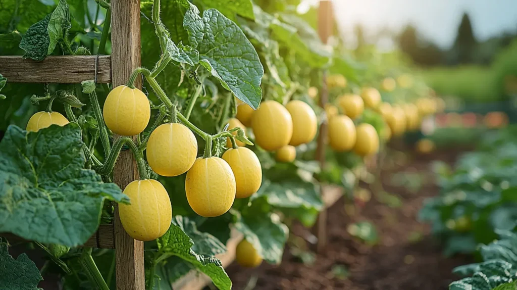 Lemon cucumber vines climbing up a wooden A-frame trellis with round yellow fruits hanging among green leaves.