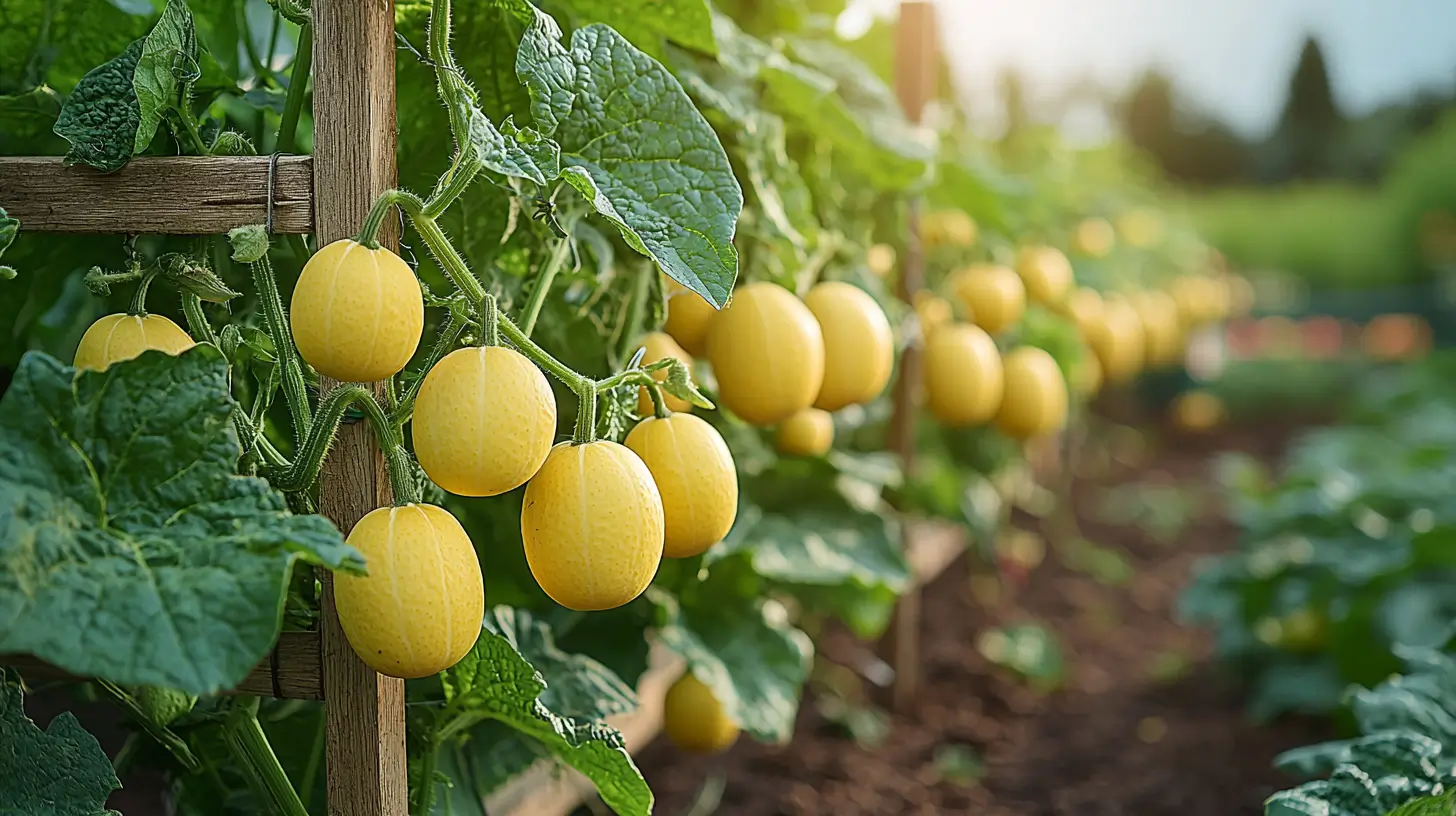 Lemon cucumber vines climbing up a wooden A-frame trellis with round yellow fruits hanging among green leaves.