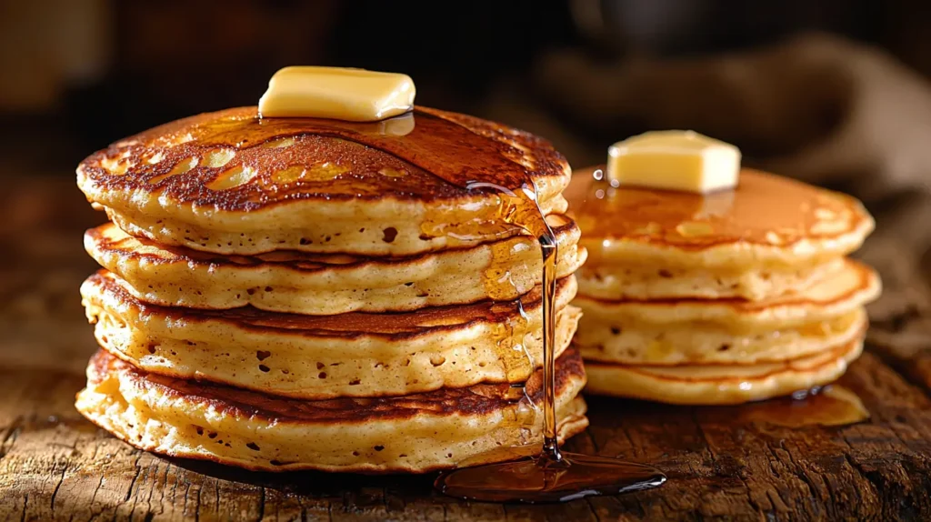 Two stacks of pancakes, one made with milk and the other with water, showcasing the difference in texture and color.