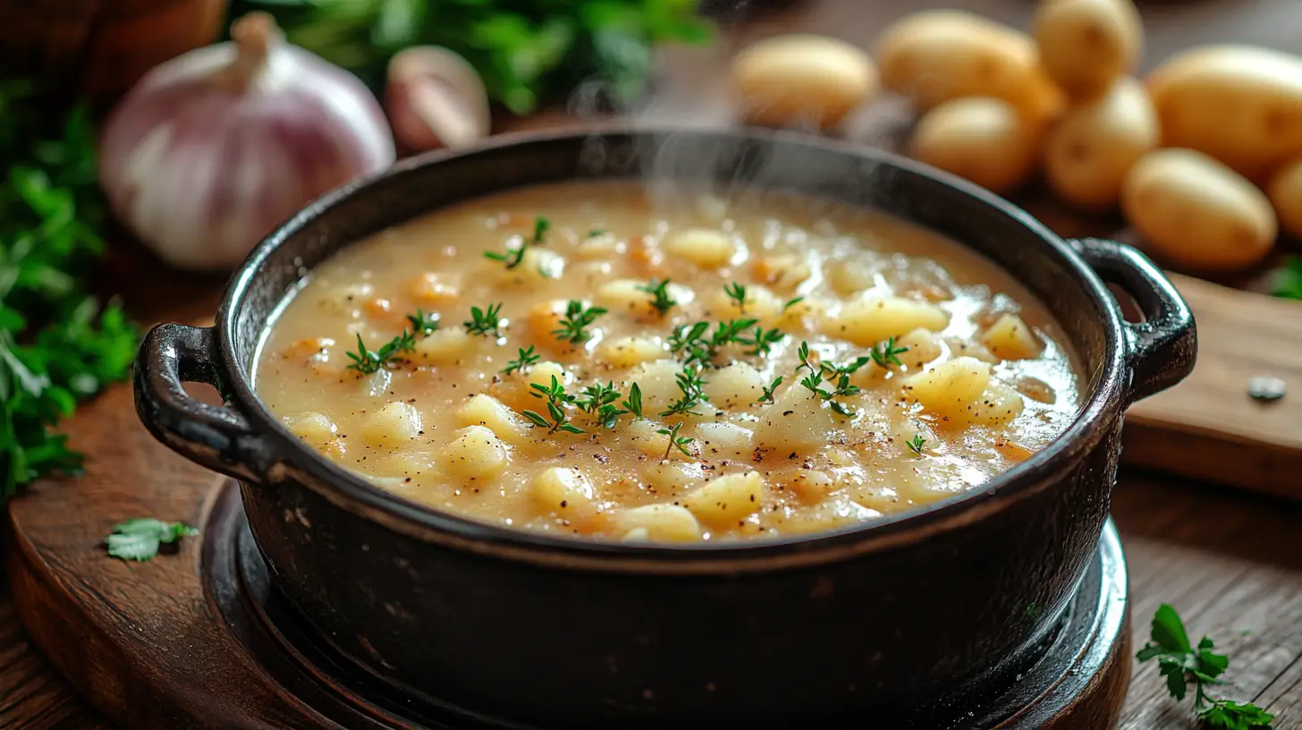 A pot of creamy potato soup simmering in a cozy kitchen with fresh ingredients on a cutting board