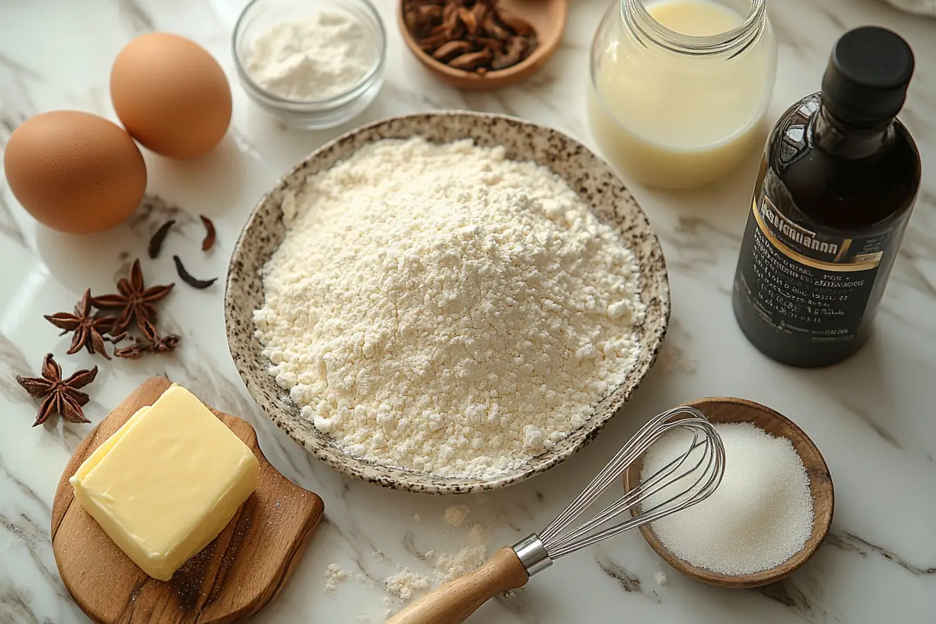 Essential pancake ingredients including flour, sugar, milk, egg, butter, baking powder, and vanilla extract on a kitchen counter.