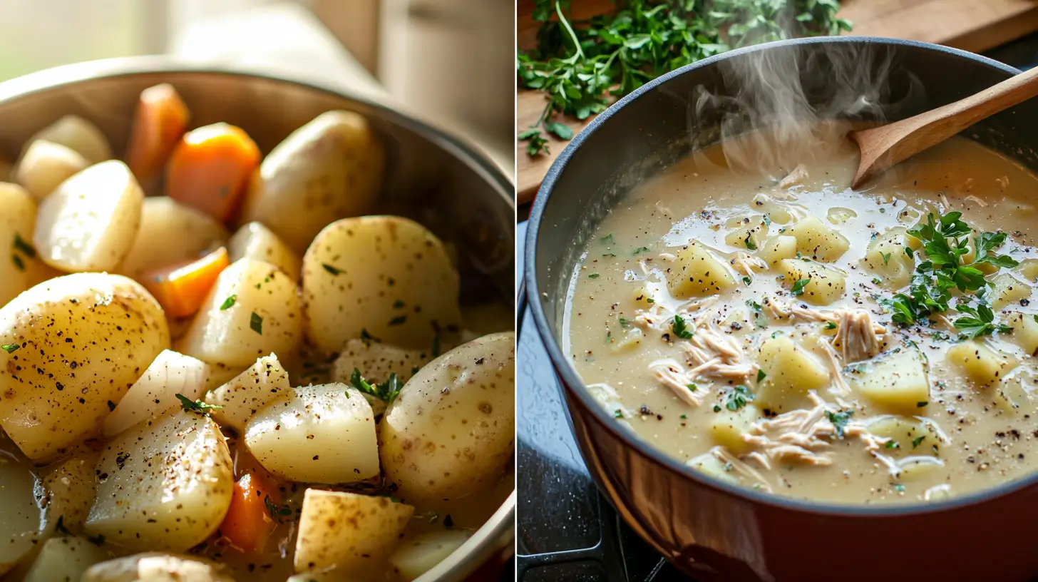 A pot of homemade potato soup simmering on the stove with chunks of potatoes and fresh herbs.