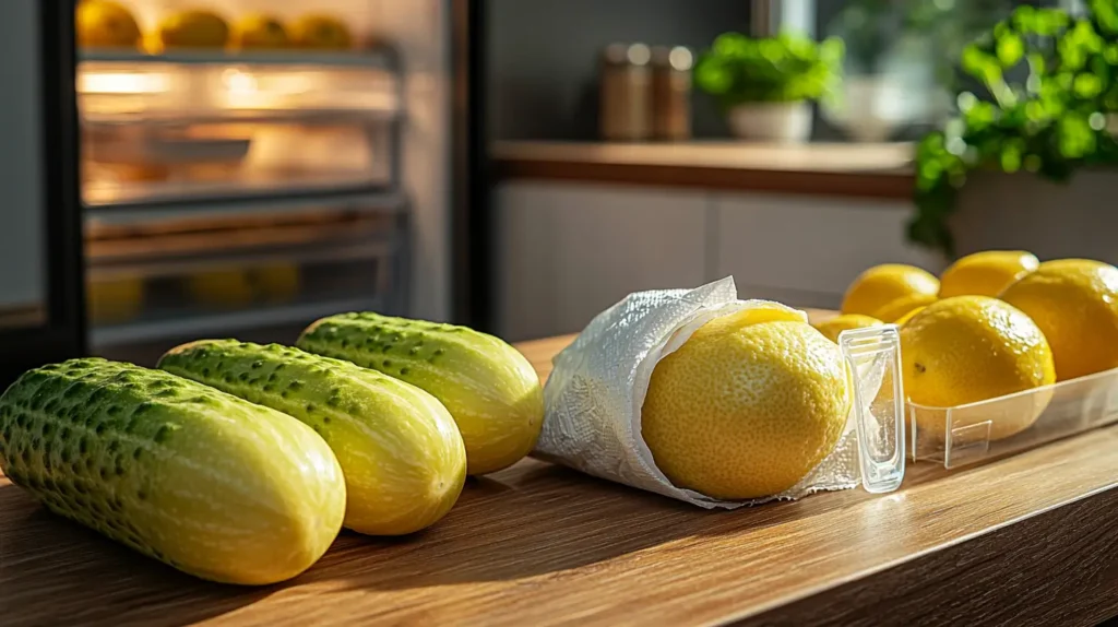 A fresh lemon cucumber wrapped in a paper towel on a countertop with a plastic bag beside it, ideal storage method for refrigeration.