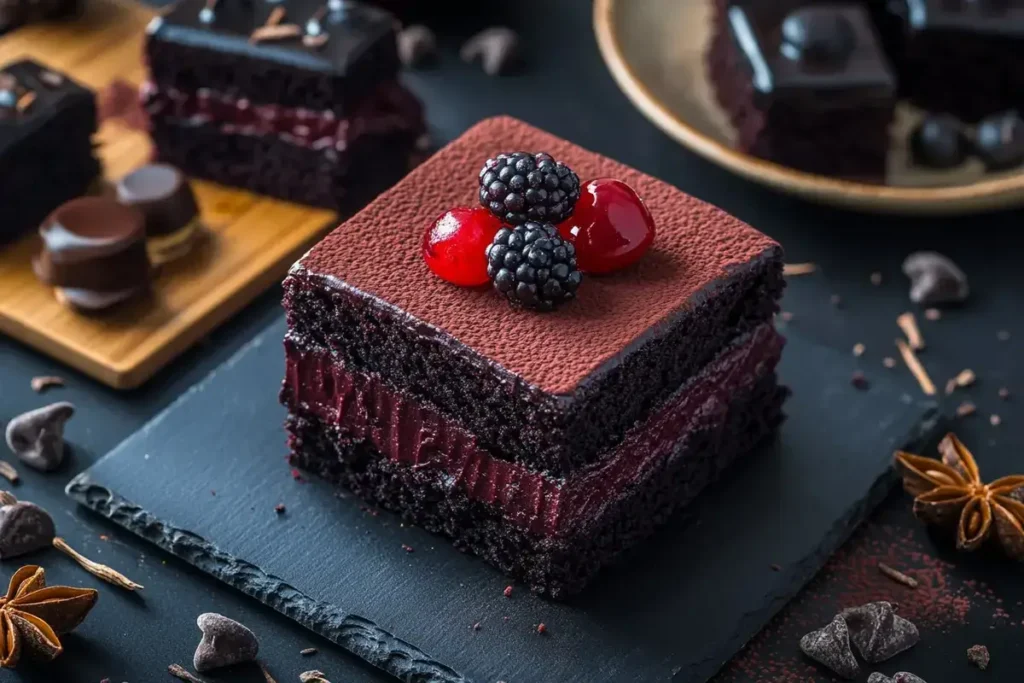 Black velvet cake and black cocoa brownies with rich dark chocolate color