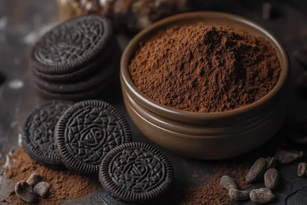 Close-up view of black cocoa powder and Oreo comparison