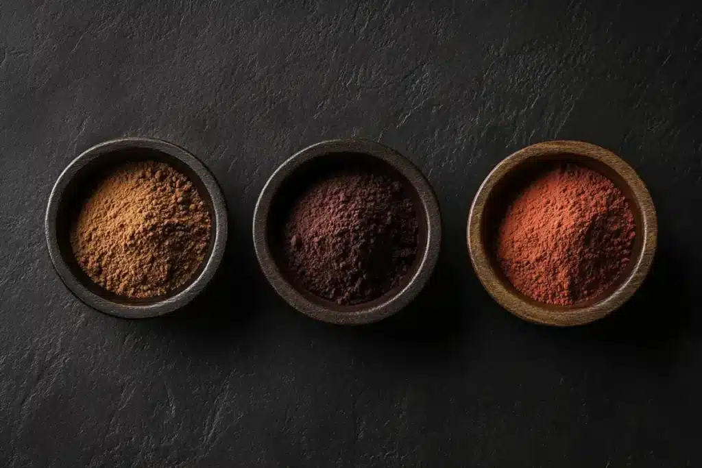 Side-by-side comparison of black, Dutch-processed, and natural cocoa powders