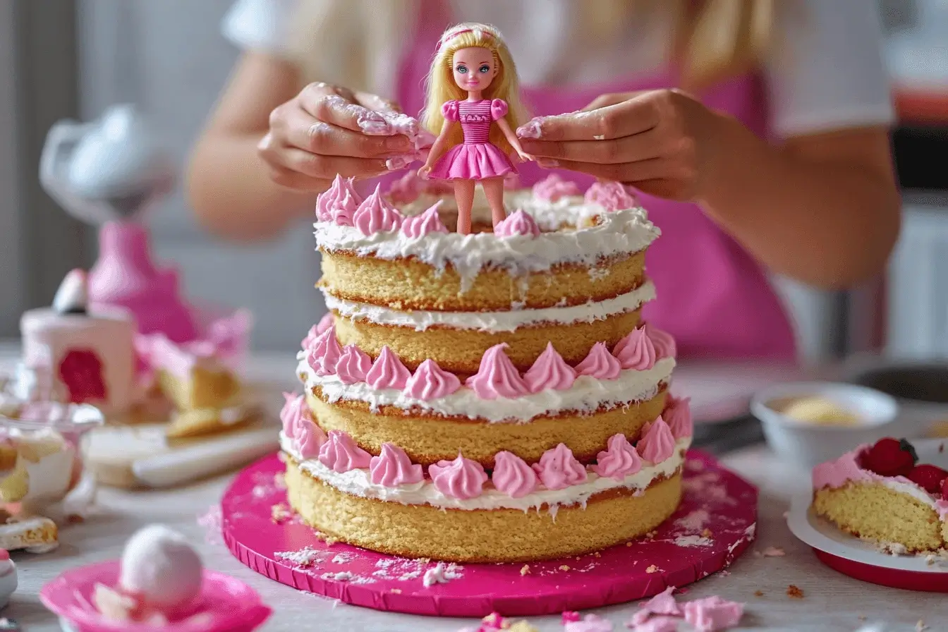 Assembling the Barbie Doll Cake Layers