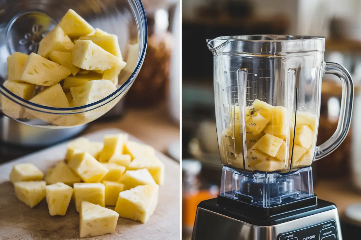 Pineapple chunks and water in a blender, prepared for blending.