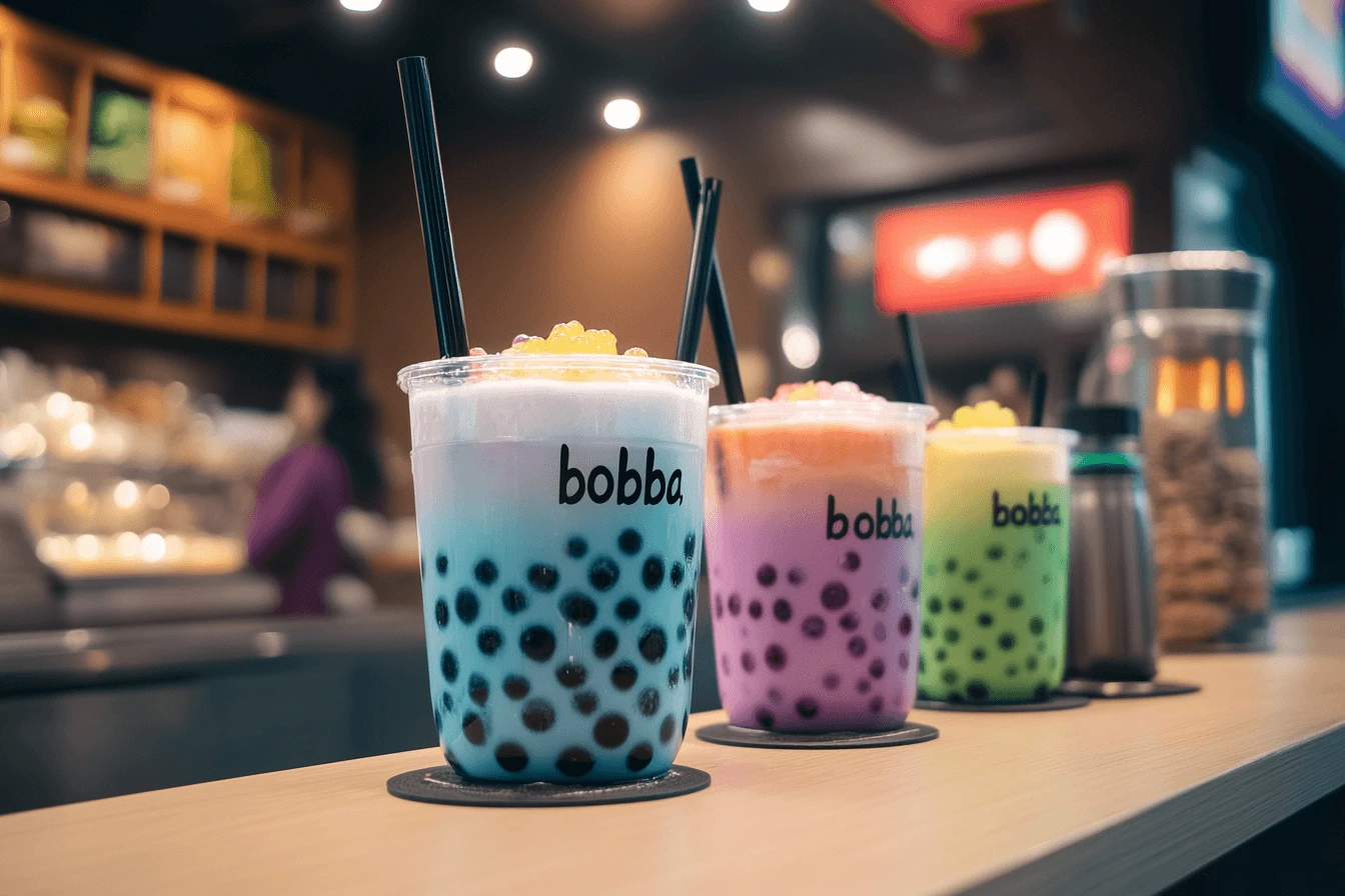 Bubble tea shop scene with boba and bobba drinks