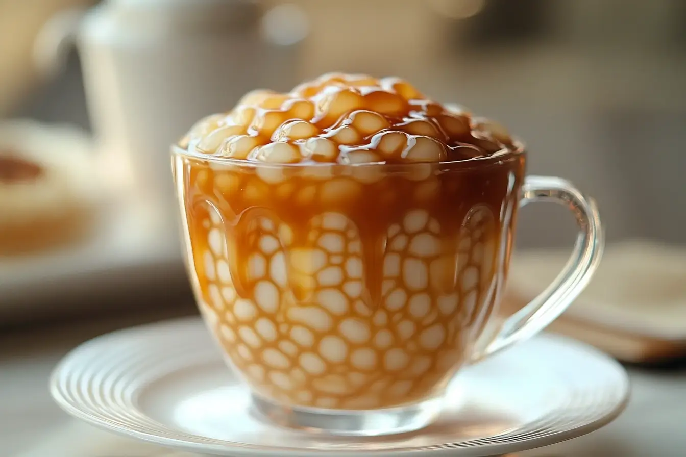 Brown sugar bobba tea with tapioca pearls in syrup