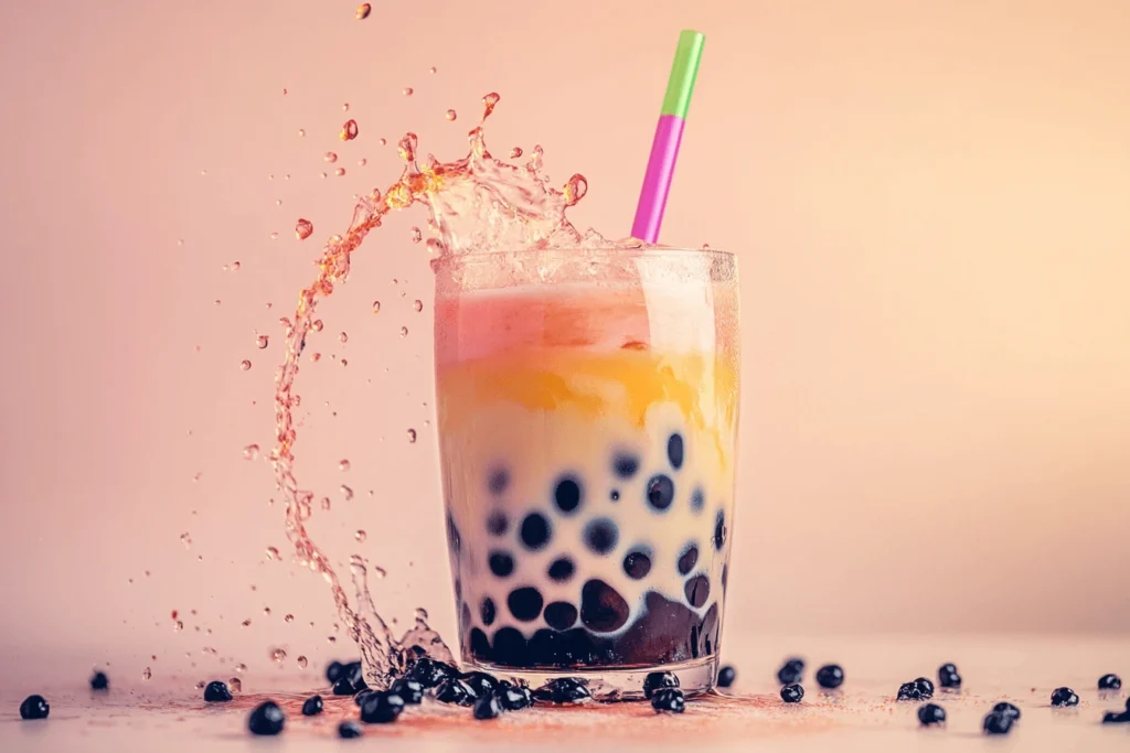 A glass of classic bubble tea with black tapioca pearls and milk swirling inside