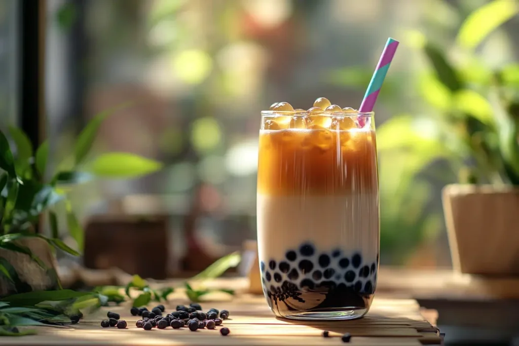 A glass of classic bobba tea with tapioca pearls and milk swirling inside