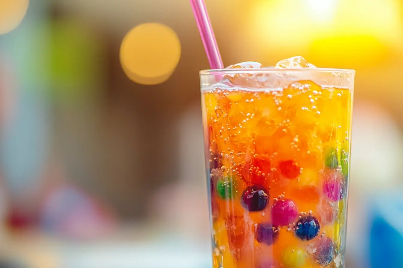 Close-up of tapioca pearls in tea with a wide straw