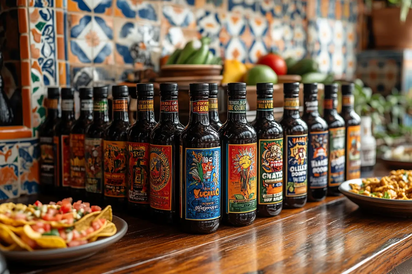 A variety of popular Mexican hot sauce bottles on display at a traditional market stall.