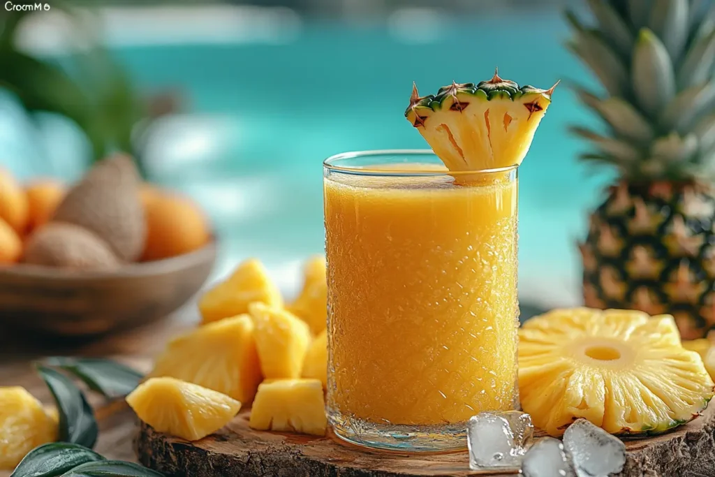 A glass of fresh pineapple juice with pineapple chunks and honey on a rustic table