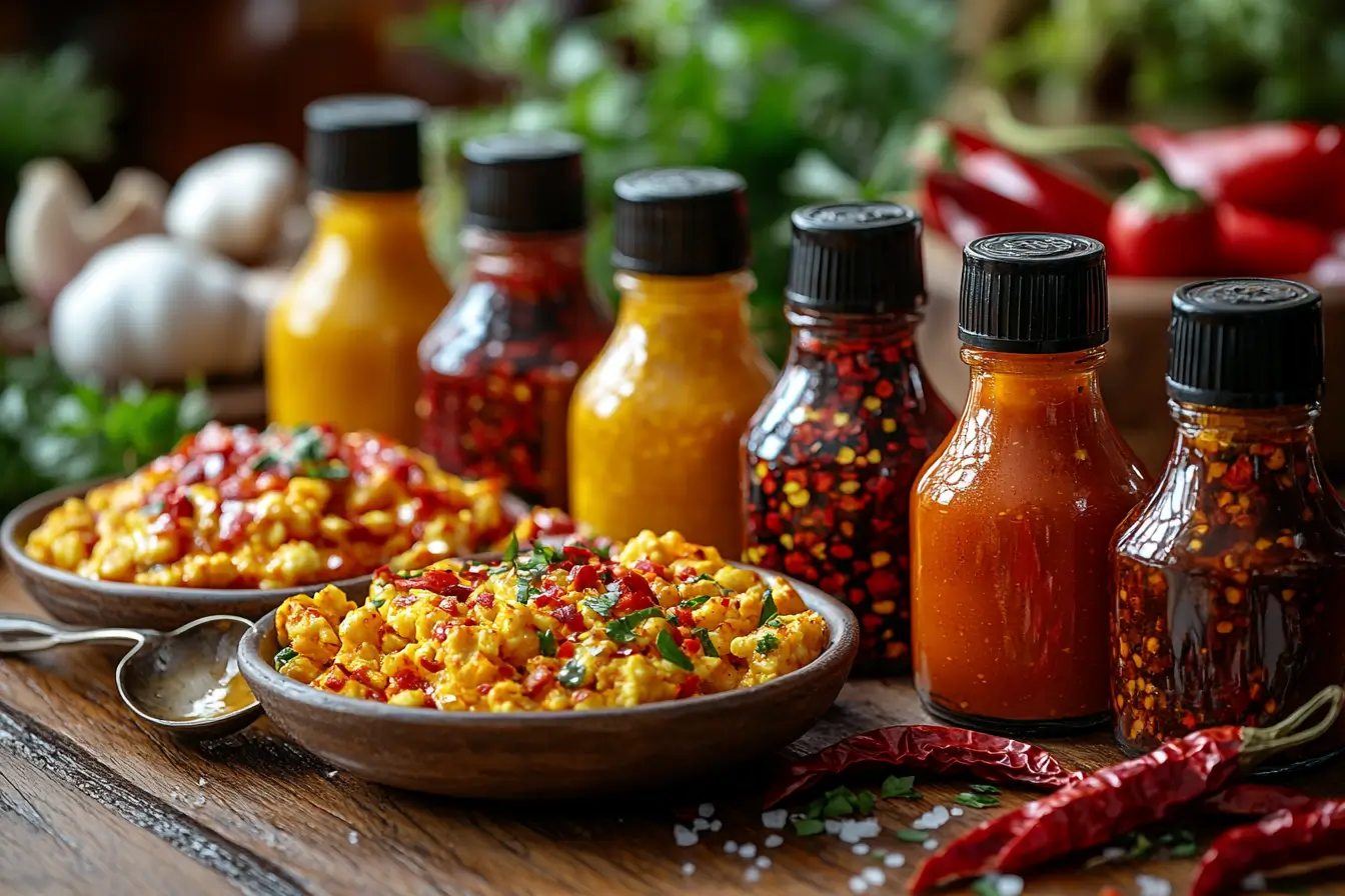 Close-up of hot sauce bottles on a wooden table with chili peppers, garlic, and scrambled eggs