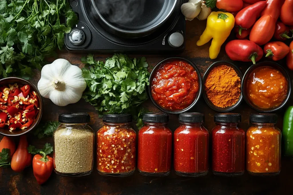 A rustic kitchen countertop with ingredients for making hot sauce, including various chili peppers, garlic, onions, vinegar, and spices.