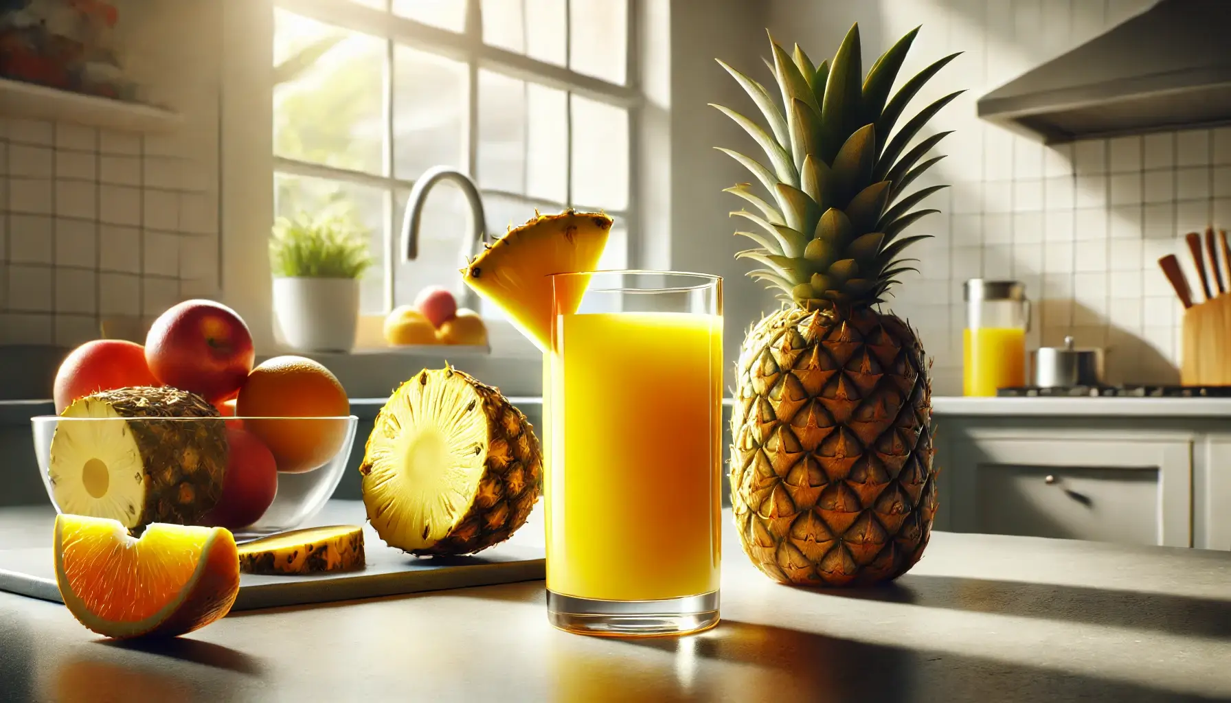 A glass of fresh pineapple juice next to sliced pineapple, emphasizing the potential health benefits for semen taste.