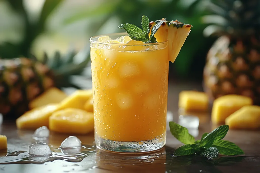 A glass of freshly made pineapple juice garnished with a pineapple wedge and mint, served on a tropical background.