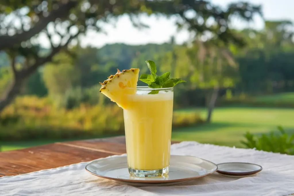 Glass of freshly prepared pineapple juice garnished with a pineapple slice and mint leaf.