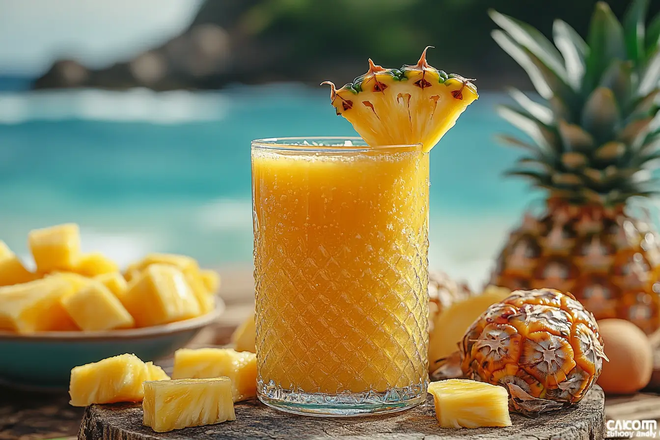 A glass of fresh pineapple juice with pineapple chunks and honey on a rustic table.