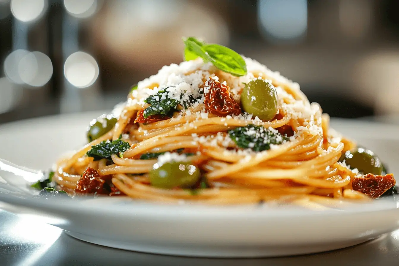 Pasta with green olives and spinach