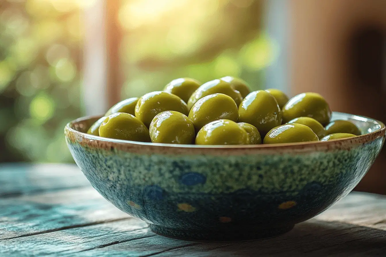 Fresh green olives in a ceramic bowl