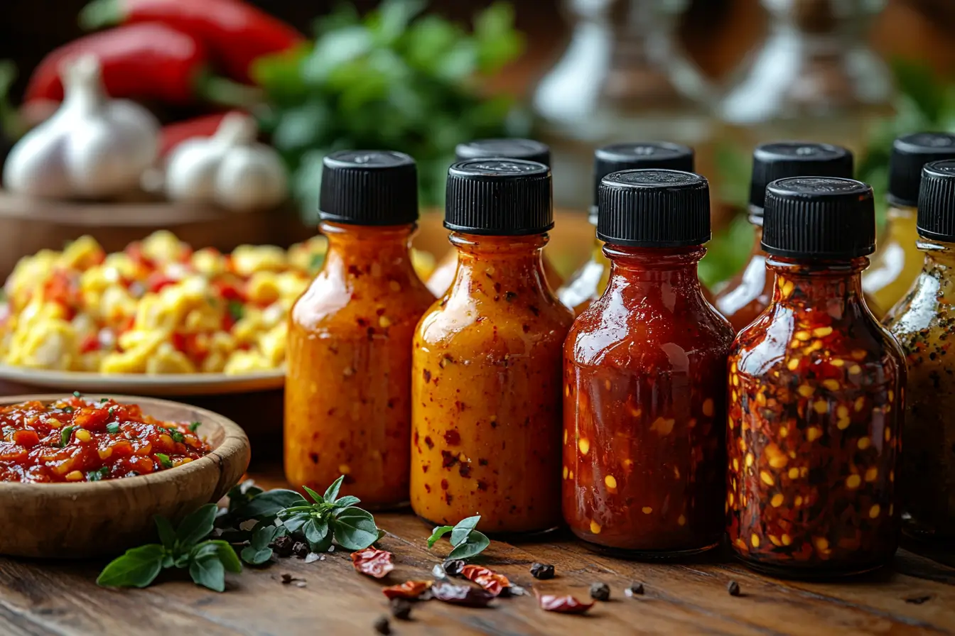 Close-up of hot sauce bottles on a wooden table with chili peppers, garlic, and scrambled eggs