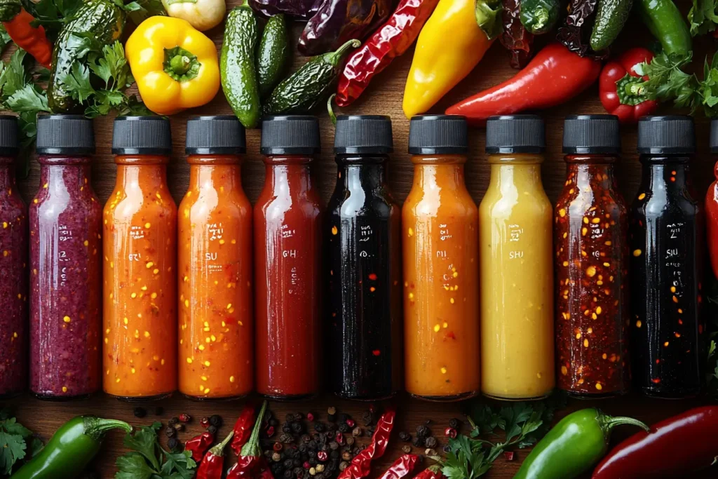 Assorted hot sauce bottles labeled with their Scoville Heat Units, surrounded by fresh chili peppers on a wooden countertop.