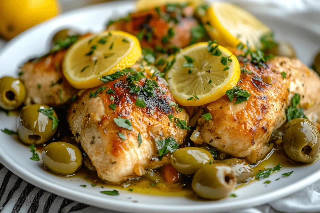 Mediterranean chicken with green olives and lemon slices