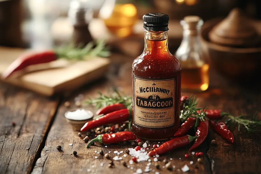 hot sauce bottle on a wooden table with fresh peppers and ingredients.