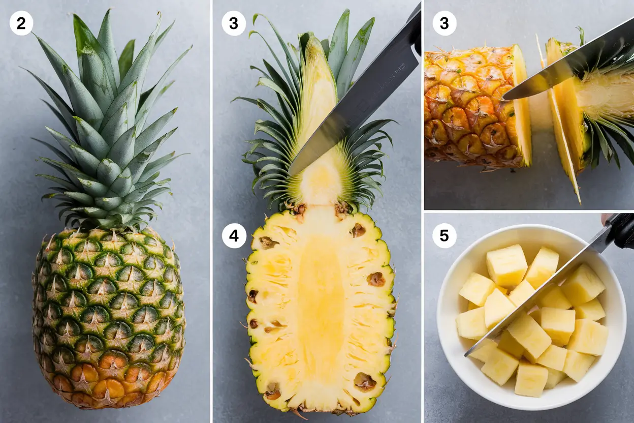 Fresh pineapple being sliced and cored on a cutting board.