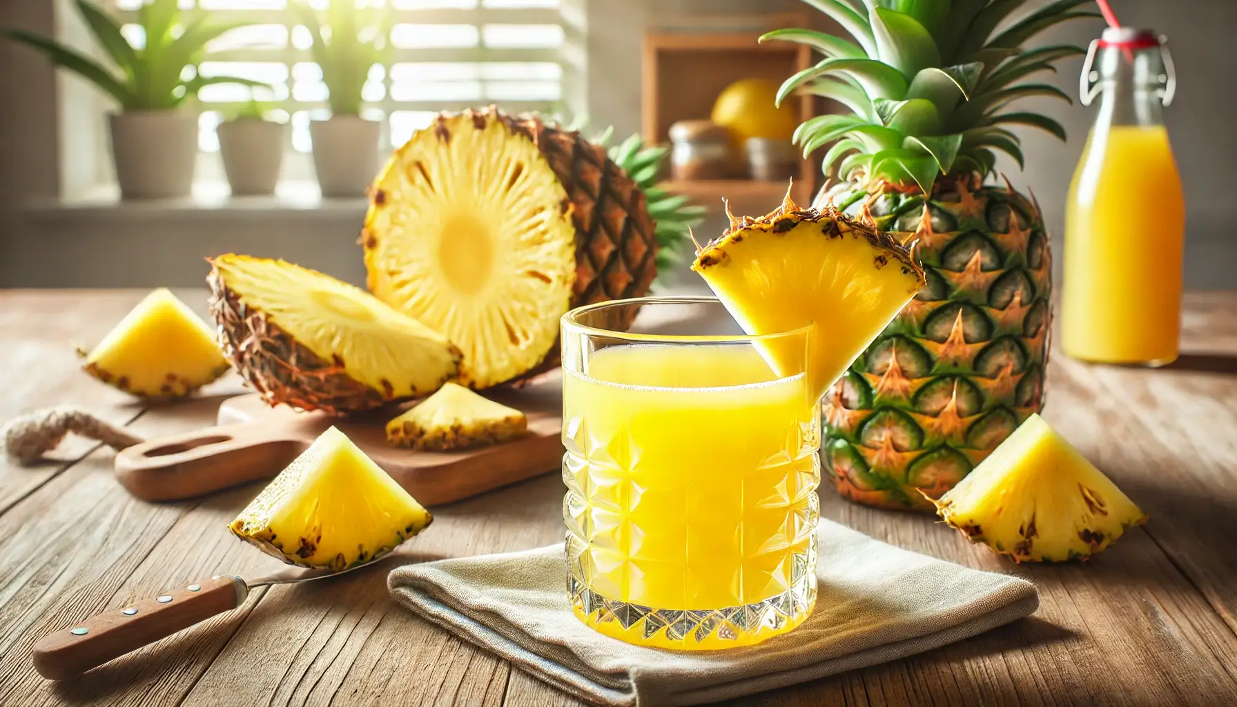 A glass of fresh pineapple juice next to sliced pineapple, emphasizing the potential health benefits for semen taste.