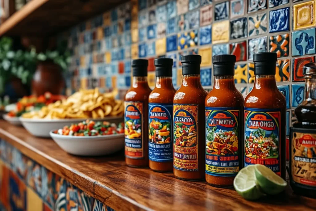 Assortment of popular Mexican hot sauce bottles, including Valentina, Cholula, Tapatío, and El Yucateco, on a rustic kitchen counter.