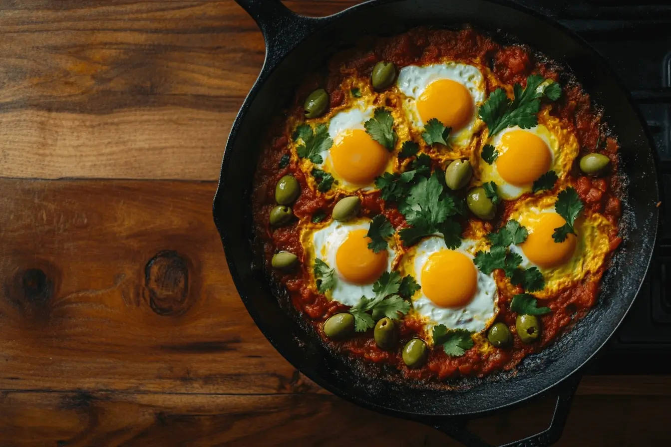 Shakshuka with green olives and poached eggs